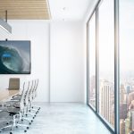 Modern conference room with city view